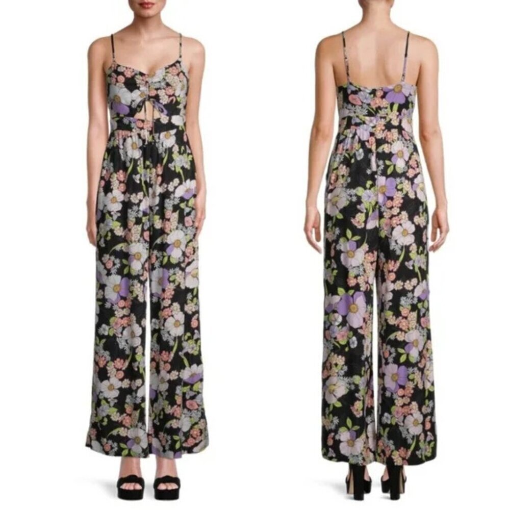 AFRM Della Black Multi Floral Print Cutout Wide Leg Jumpsuit 37721